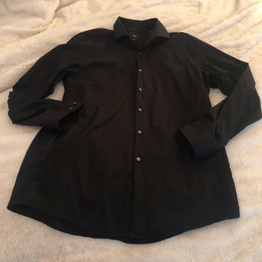 Hugo Boss long sleeve button down shirt black size 17 34/35 - Picture 1 of 3